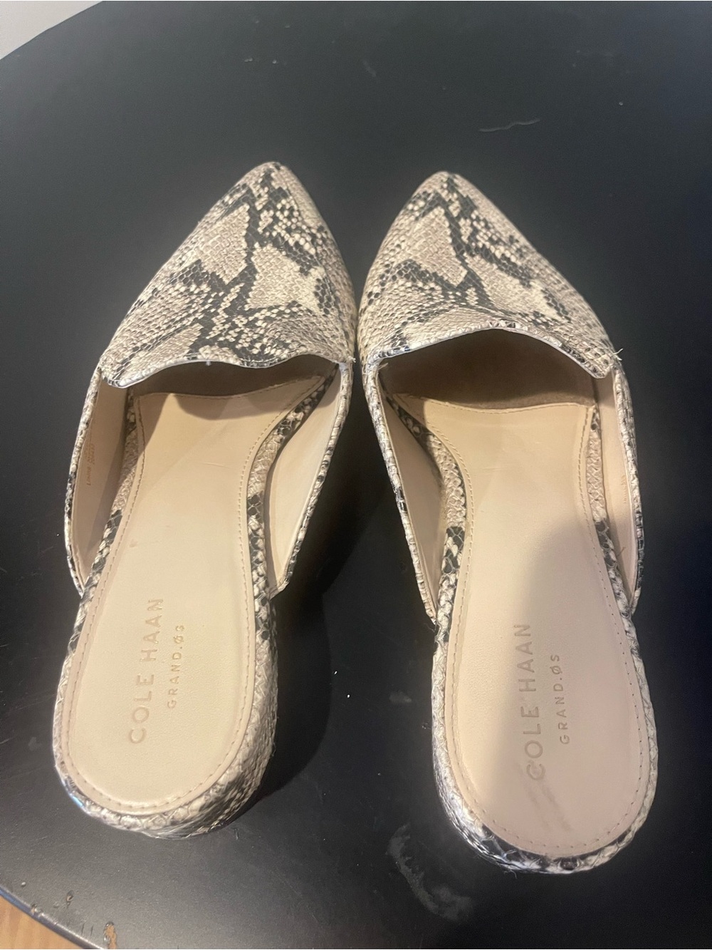 Cole Haan Snake-Print Pointed Slip-On Mules in Beige and Black